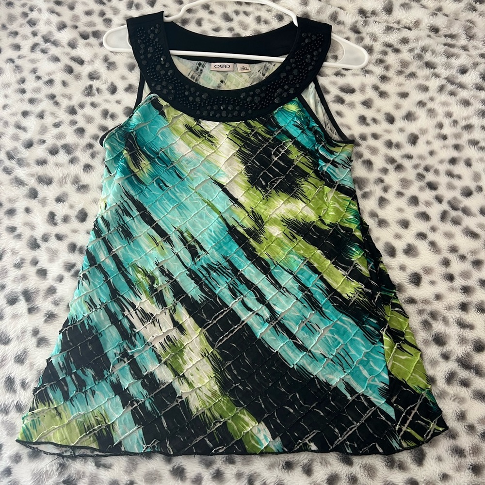 Cato Teal & Lime Embellished Neck Sleeveless Pleated Top